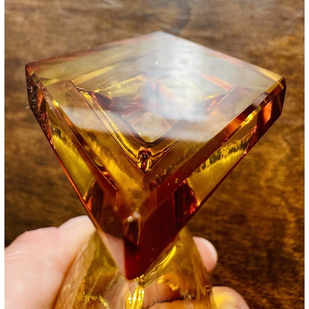 Antique Bohemian Amber Cut Clear Crystal Pedestal Salt Cellar Bowl Etched Art - Picture 6 of 12